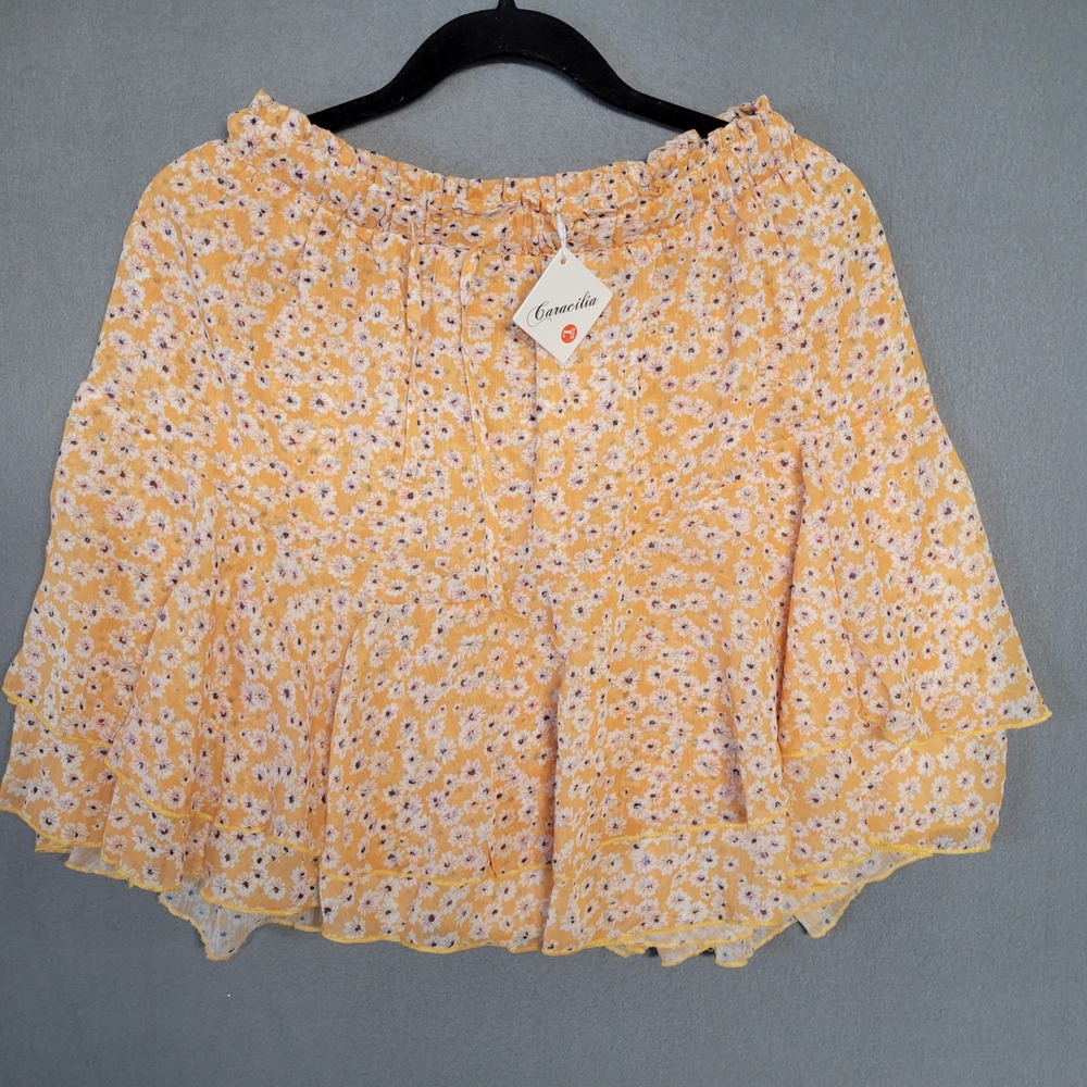 NWT Caracilia Yellow Floral Tiered Mini Skirt Large Ruffle Elastic Waist Daisy